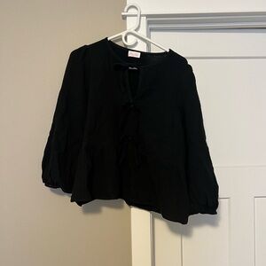 Pink Lily Black Boxy Blouse with Tie Front and Mandarin Collar